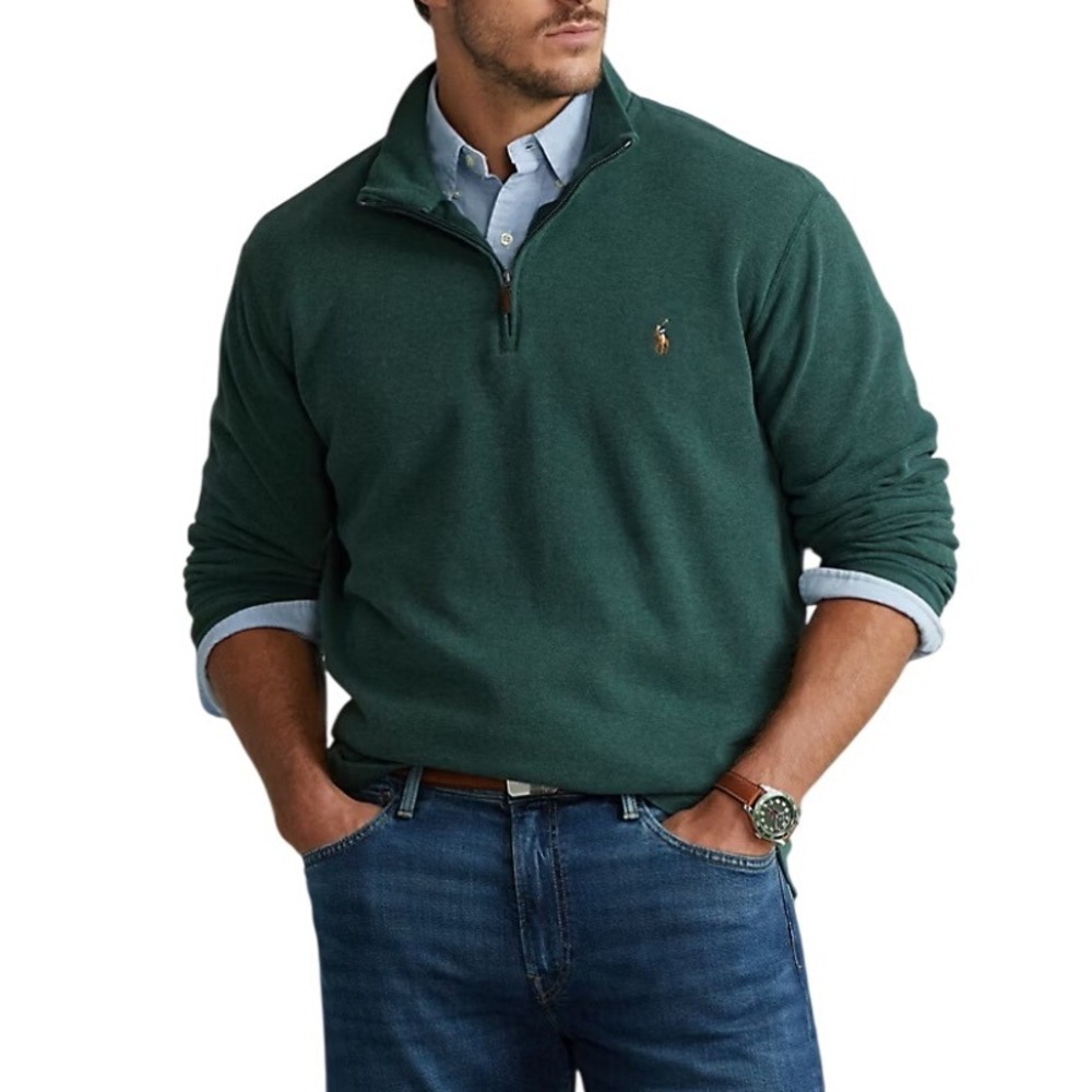 POLO RALPH LAUREN 1/4 Zip‎ Pullover Sweater 1XB Big Dk Green Mock Preppy Holiday